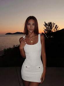 女士优雅时尚纹理方领金属扣修身白色针织连衣裙，女士夏季连衣裙，派对连衣裙，婚礼宾客连衣裙，毕业典礼连衣裙，女士优雅连衣裙，正式连衣裙，白色连衣裙 - 白色 - 查看 4