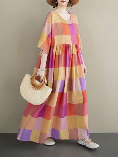 AZAH 2026 Colorful Plaid Plus Size A-Line Dress, Round Neck Batwing Sleeve Short Dress With Pockets, Suitable For Spring/Summer Plus Size; Vintage Patchwork Floral Print Plus Size Bohemian Style Puff Sleeve Short Dress, Suitable For Summer; Loose Summer Women Round Neck Batwing Sleeve A-Line Casual Maxi Dress, Random Woven Fabric Print Elegant