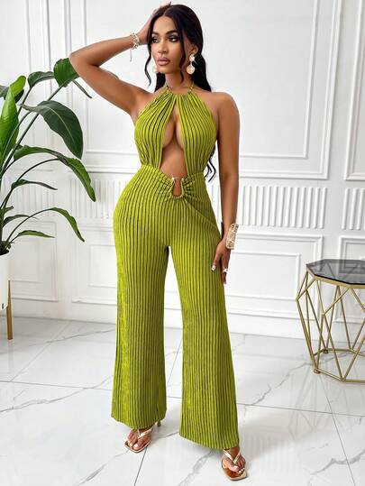 AIJ Women's Elegant Striped Print Off-Shoulder Jumpsuit, Spring/Summer, Metal Decor Buckle Design, Suitable For Commuting, Business And Daily Wear