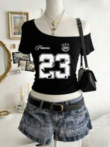 DEAR MOLLY Retro Numeric Pattern Sexy Asymmetrical Shoulder T-Shirt, Women Casual Slash Neck Tight Crop Top, Suitable For Summer Wear Black - Black - View 2