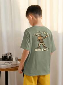 Áo thun ngắn tay cổ tròn in họa tiết dành cho bé trai tuổi teen, kiểu dáng thường ngày, thích hợp mặc mùa hè. - Màu xanh Ô liu - Xem 2