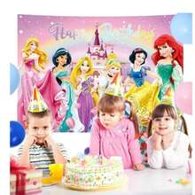 Disney 卡通公主系列装饰挂件、主题横幅和背景幕布，生日派对装饰背景布 - 彩色 - 查看 6