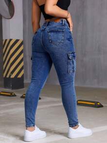Pantalones de mezclilla skinny cargo, lavado  azul, elásticos, con múltiples bolsillos, efecto levantador de glúteos, puños ajustados - Azul - Ver 4