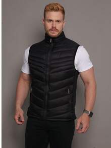 Men's Double-Sided Puffer Vest With Zipper For Winter - Black - View 3