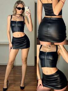 GILIPUR 新款性感紧身全黑PU皮迷你裙，休闲复古街头风 - 黑色 - 查看 2