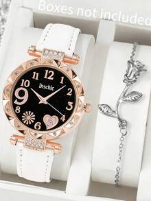 1pc Women's Fashion Minimalist Heart Quartz Watch With Diamond Number Dial + 1pc Heart Bracelet, As Valentine's Day Or Back To School Gift - Multicolor - View 9