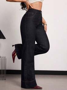 Tall Women's High Waist Pocketed Wide Leg Loose Casual Versatile Jeans Summer And Spring Valentine's Day Wedding Elegant Denim Jeans - Dark Wash - View 6