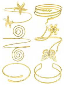 6er Set Metall Armreifen, einzigartiges Seestern Blume Schmetterling stapelbare Armreifen Set für Strandurlaub, Halloween Schmuck - 6PC Gold AT032 - Übersicht 8