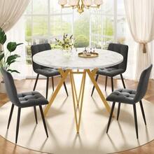 Dining Table Set (5 Pieces), Dining Table Set With 4 Chairs, Modern Kitchen Dining Table Set, 100cm Diameter Round Kitchen Table With Gold Metal Legs, MDF Tabletop With Marble Effect, Grey Dining Chairs - Gold - View 2