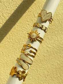 6pcs Fashionable 18K Gold Plated Stainless Steel White Sun, Heart, Flower Shaped Oil Drop Rings Set, Elegant Daisy Rings - Gold - View 2