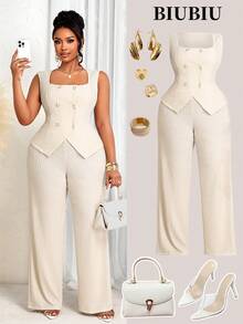 BIUBIU 大码女装时尚纯色高弹力两件套 - 长袖V领双排扣修身上衣和高腰宽松直筒裤，优雅通勤风，适合约会、工作、春夏穿着。Cure Apparel出品。 - 米色 - 查看 1