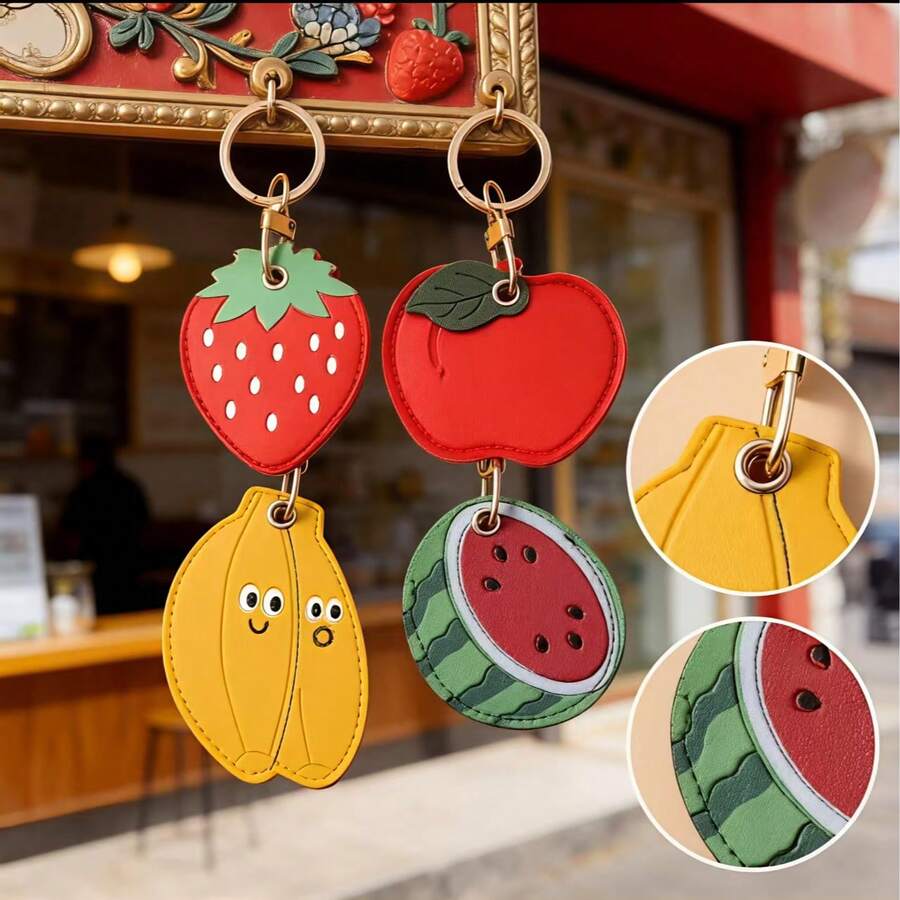 Móc khóa hình trái cây dễ thương làm từ da, dâu tây, táo, chuối, dưa hấu, phụ kiện túi xách - Nhiều màu - Xem 1