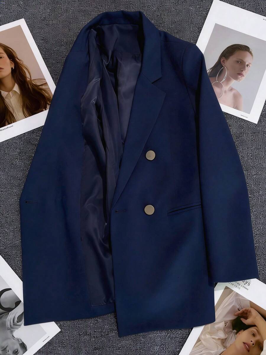 Spring & Summer Women's Solid Long Sleeve Double-Breasted Blazer, Notched Lapels | Ideal For Dates, Parties, Outings & Festive Celebrations
