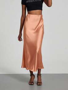Jupe longue en satin à taille élastique pour femmes, style mode toutes saisons, printemps - Orange clair - Voir 10
