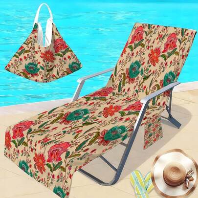 1件装花卉系列开放式沙滩椅套，超细纤维速干毛巾，适用于泳池椅，带口袋的沙滩椅套，旅行必备度假配件