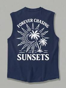 Fractyr Men's Casual Sports Outdoor Vest | Minimalist Coconut Tree, Sun And Letter Print | Exquisite Design | Summer Essential | Multifunctional Easy To Wear | Perfect Gift For Friends | Showcase Unique Personalized - Navy Blue - View 6
