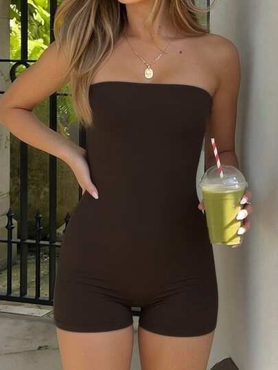 Muse Moon Women's Summer Casual And Fashionable Knitted Solid Color Strapless Jumpsuit, Suitable For Fitness, Sexy And Versatile Outdoor Sports Elegant