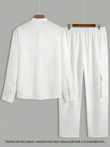2pc Set Men's Casual Stand Collar Button Front Long Sleeve Loose Breathable Lightweight Shirt And Solid Color Pants, Practical Outfit For Outdoor Commute, Spring & Summer,Fall Clothes, Cozy Outfits - 咖啡棕 - 查看 9