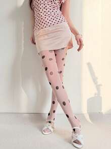 Retro Large-Scale Polka Dot Pantyhose, Fashionable Multi-Color Contrasting Polka Dot Stockings, Sweet, Cool, Ish Style Leg Accessories, Ultra-Thin Transparent Base Layer  Pantyhose For Women. - Hồng - Xem 6