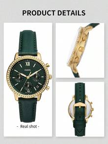 Fossil Đồng hồ nữ mặt tròn máy thạch anh, mặt số màu xanh đậm với 3 mặt số phụ, cửa sổ hiển thị ngày, viền pha lê màu sâm panh, vỏ kim loại mạ vàng, dây đeo da màu xanh lá cây, kiểu dáng sang trọng, thanh lịch, thích hợp làm quà tặng cho phái nữ trong các buổi hẹn hò hoặc tiệc tùng. - Xanh đậm - Xem 6