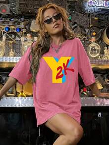 1 Piece Women's Washed Cotton T-Shirt, Casual Y2K Pattern Printed T-Shirt, Loose And Slim Fit, Suitable For All Body Types, Skin-Friendly, Breathable, Soft And Comfortable Fabric, Simple And Neat Cut, Versatile For Everyday Wear, Perfect For Home, Commuting, And Travel, Machine Washable, Shipped From Local Warehouse, Suitable As A Gift. Soft Fabric - màu xanh lá - Xem 5