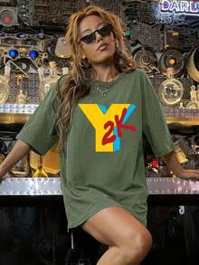 1 Piece Women's Washed Cotton T-Shirt, Casual Y2K Pattern Printed T-Shirt, Loose And Slim Fit, Suitable For All Body Types, Skin-Friendly, Breathable, Soft And Comfortable Fabric, Simple And Neat Cut, Versatile For Everyday Wear, Perfect For Home, Commuting, And Travel, Machine Washable, Shipped From Local Warehouse, Suitable As A Gift. Soft Fabric - màu xanh lá - Xem 7