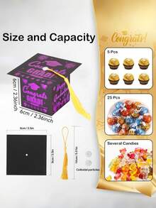 Hộp kẹo hình mũ tốt nghiệp (50/15 cái/1 cái), đồ dùng tiệc tốt nghiệp năm 2025, hộp kẹo quà tặng tốt nghiệp phù hợp cho tiệc tốt nghiệp. - Dây thừng màu tím và vàng + vàng - Xem 5