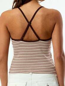 LUNA Camiseta de tirantes a rayas para mujer, chaleco deportivo, chaleco de punto elástico, capa base con escote en V profundo y tirantes finos - Marrón - Ver 5