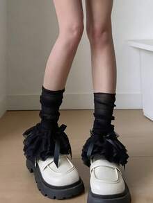 蕾丝蝴蝶结荷叶边女士腿套，透气轻薄，适合春夏穿着，洛丽塔风格花卉饰边，柔软亲肤，搭配玛丽珍鞋，是甜美日常穿搭的必备单品 - 彩色 - 查看 2