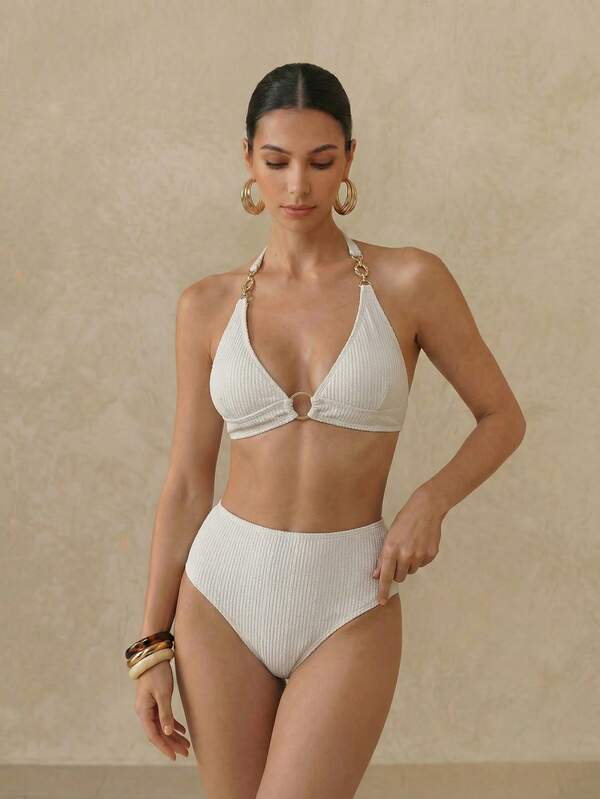 Anewsta 夏季沙灘女士純色紋理頸挂式二件式比基尼套裝，適用於婚禮