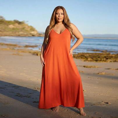 Astrid Plus Size Solid Color Casual Vacation Beach Loose Strap Dress, Summer Elegant