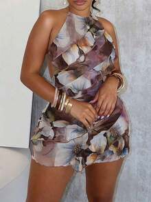 Women's Summer Halter Neck Backless Straps Suspenders Hip Ruffle Charm Fashion Hottie Sexy Party Mini Dress Vacation Elegant - 咖啡 - 查看 2