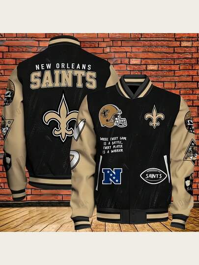 Ne-W Orleans Saints Football Graphic Men's And Women's Snap Button Varsity Jacket Baseball Coat With Fleur De Lis And Helmet Design For Sports Fans And Team Supporters