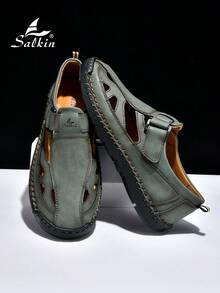 Salkin 男士手工缝制沙滩凉鞋，夏季户外休闲鞋，简约时尚镂空拖鞋，适合户外和度假穿着，舒适透气防滑 - 綠色 - 查看 4