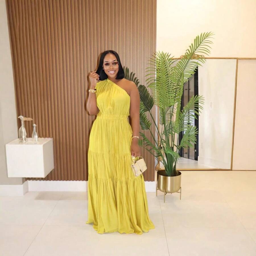 2026 Spring/Summer New European And American Linen Women's Dress, Elegant Solid Color Off-Shoulder Long Dress, Summer Outfits For Women, Vacation Outfits Women - 黃色 - 查看 1