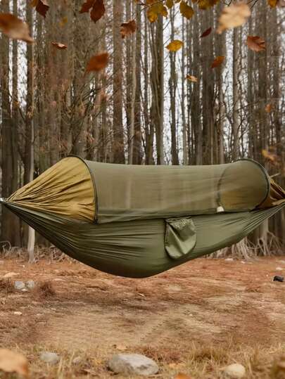 1个自动弹出式蚊帐吊床，便携式旅行露营防蚊吊床，单人/双人尼龙面料，带杆设计，适合户外露营、徒步旅行、野餐、阳台休闲、情侣和家庭露营，是送给亲朋好友的实用礼物