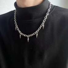1pc Men's Fashion Stainless Steel Studded Pendant Necklace, Daily Accessory - Silver - View 4