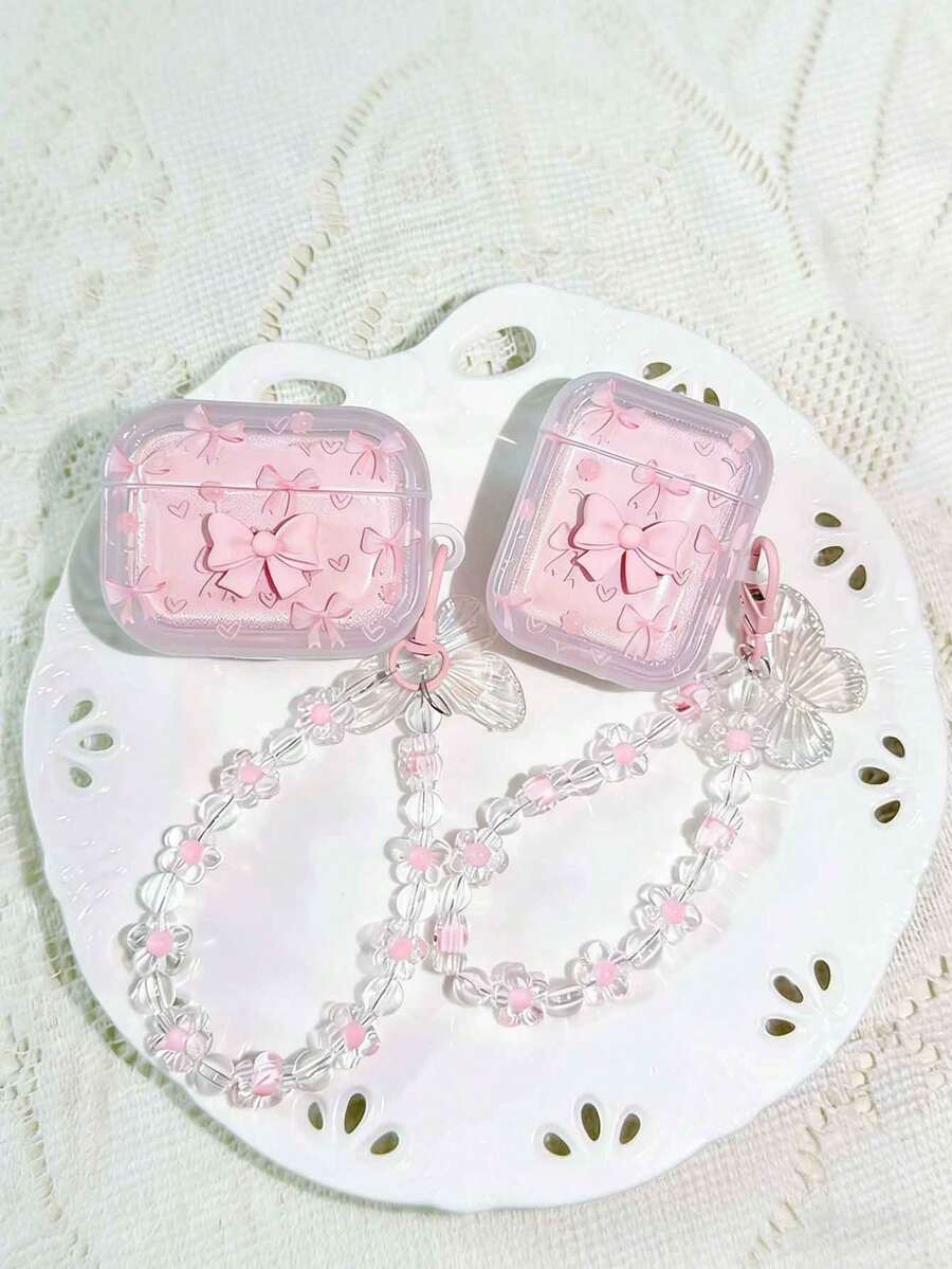 1个粉色3D蝴蝶结+链条，适用于1/2苹果蓝牙耳机保护壳Pro 2/3/4透明保护套 - 彩色 - 查看 1