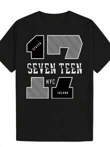 Men's Vintage Retro 80s And 90s T-Shirt - Numbered Design 17 (1-17) With Distressed Black And White Print, Short Sleeve, Crew Neck, Casual For Gym And Everyday Wear, Machine Washable, Suitable For All Seasons, Nostalgic Outfit For 90s Music Fans, Ideal For Celebrating The Year Of Birth 1997 - 黑色 - 查看 1