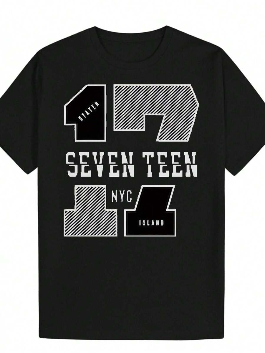 Men's Vintage Retro 80s And 90s T-Shirt - Numbered Design 17 (1-17) With Distressed Black And White Print, Short Sleeve, Crew Neck, Casual For Gym And Everyday Wear, Machine Washable, Suitable For All Seasons, Nostalgic Outfit For 90s Music Fans, Ideal For Celebrating The Year Of Birth 1997 - 黑色 - 查看 1
