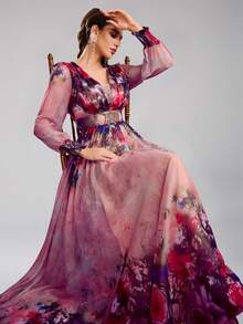 Elegant Women's Sweetheart Neck Long Sleeve Ruffle Print A-Line Dress, Woven Fabric, Suitable For Summer, Vacation, And Multiple Occasions Spring - Multicolor - View 5