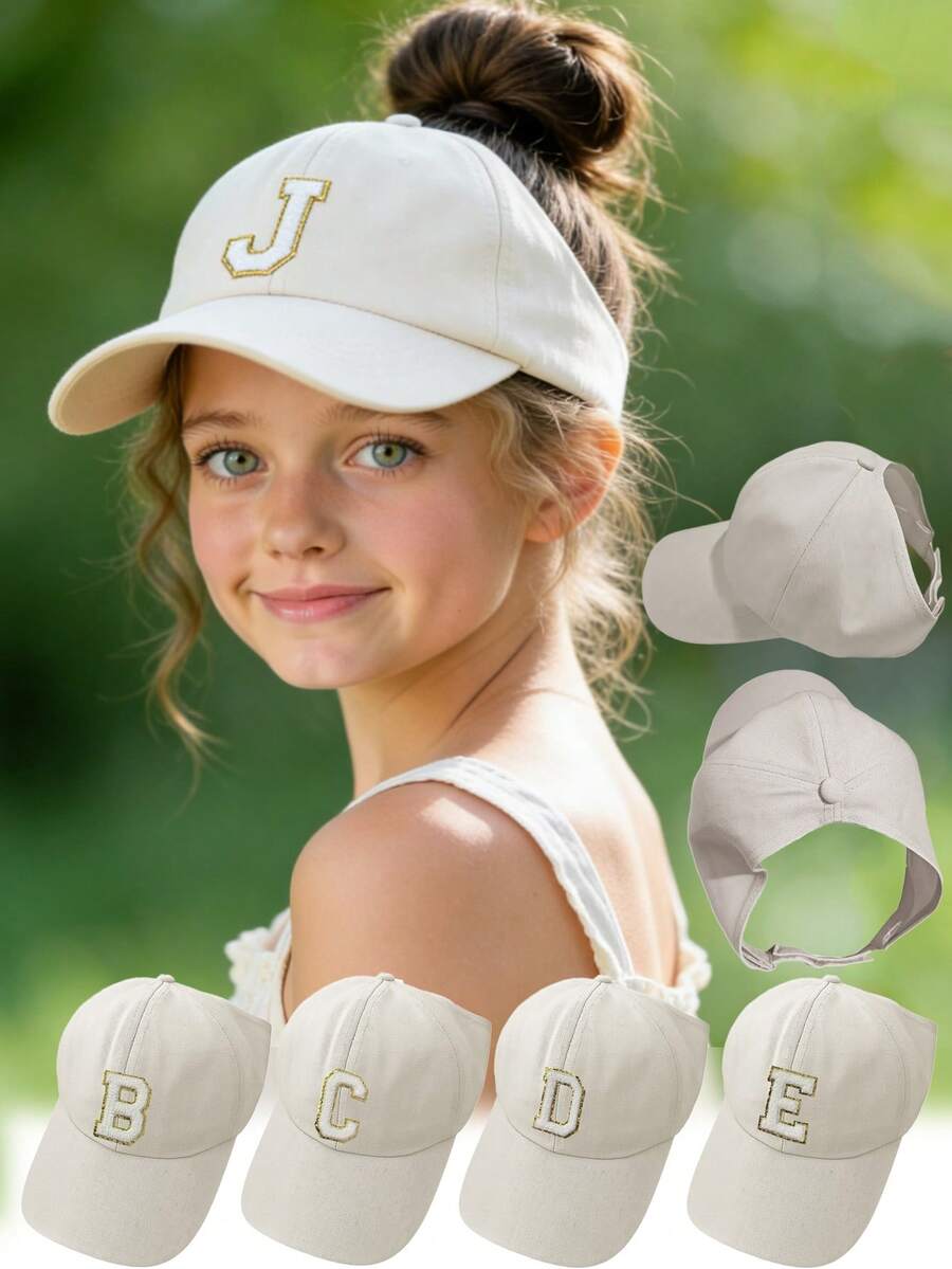 1pc A-Z Letter Backless Ponytail Baseball Cap, Girl Fashion Sports Sun Hat Outdoor UV Protection - Beige - View 1