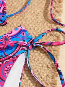 Bộ bikini kiểu dáng giản dị, hở lưng, họa tiết paisley dành cho nữ, có dây buộc phía sau và chất liệu vải co giãn cao. - Màu Hồng Tươi - Xem 8
