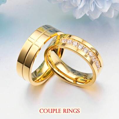 Nhẫn đôi tối giản, thép không gỉ mạ vàng 18K, thích hợp cho đám cưới, kỷ niệm và đeo hàng ngày.