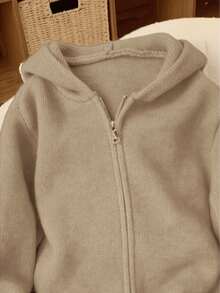 加大码连帽罗纹针织开衫，长袖落肩常规长度拉链针织外套，休闲简约毛衣，适合秋冬季节女性度假穿搭 - 卡其色 - 查看 5