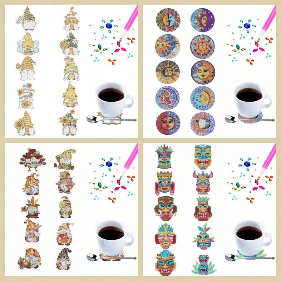 10pcs Diamond Painting Coasters, Cartoon Character, Mask, Sun Pattern, Wooden Material, Colorful Printed Coasters, Suitable For Home Decor, Outdoor Gazebo, Camping, Tea Table Anti-Slip Coasters