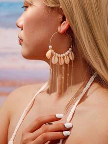 1 Pair Summer Beach Style Shell Chain Tassel Hoop Earrings, Suitable For Daily Wear, Festivals, And Seaside Leisure Activities - Yellow Gold - View 2