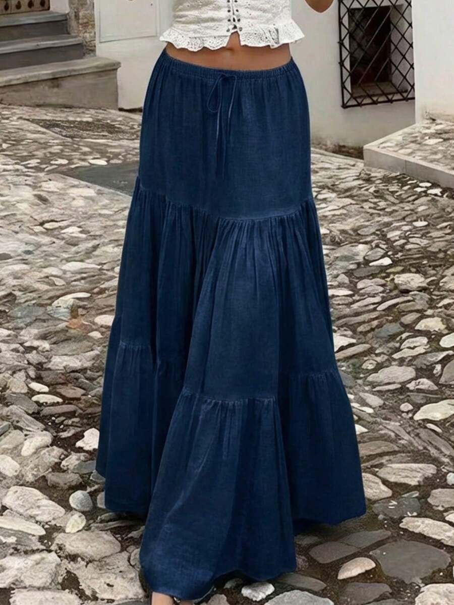 Chân váy dài xếp tầng EARO dành cho nữ, eo có dây rút, chất liệu vải thường ngày, không co giãn, thích hợp mặc hàng ngày vào mùa xuân. - Màu xanh đậm - Xem 1