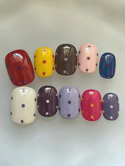 10 miếng dán móng tay tối giản dễ thương vui nhộn phong cách Y2K màu đỏ vàng hồng tím xanh trắng chấm bi ngắn hình vuông tròn, móng tay giả nghệ thuật Dopamine đầy màu sắc.