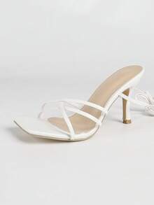 女士白色方头交叉绑带细高跟凉鞋，性感派对时尚简约舒适高跟鞋，增高增腿长 - 白色 - 查看 3
